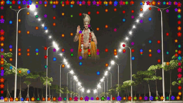 a picture of a woman surrounded by flowers and street lights