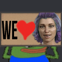 a woman with purple hair is behind a frog that says we love you