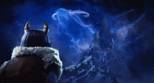 a person with horns is looking at a mountain