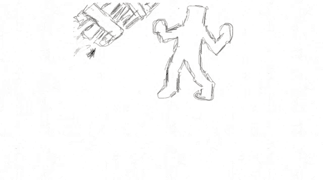 a black and white drawing of a silhouette of a man standing in front of a building