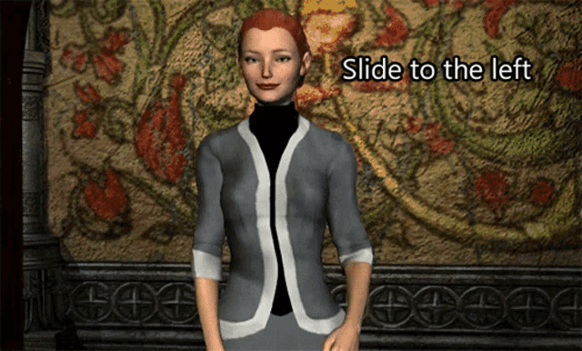 a woman with red hair is standing in front of a wall with the words slide to the left