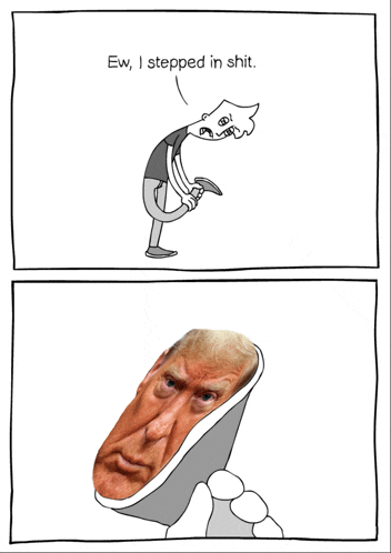 a cartoon shows a man stretching his leg and says " ew , i stepped in shit "