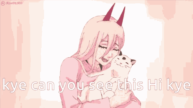 a drawing of a girl holding a cat with the words " kye can you see this hi kye "