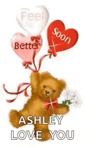a teddy bear is holding a bouquet of flowers and balloons in the shape of a heart .