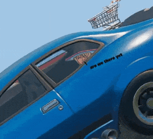 a blue car with a sticker on the side that says " are we there yet "
