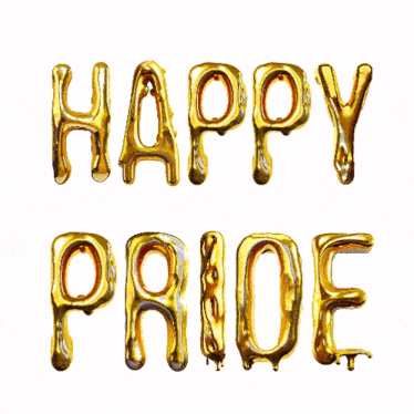 the words happy pride are written in gold balloons