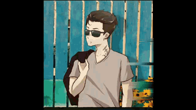 a cartoon of a man wearing sunglasses standing in front of a blue fence