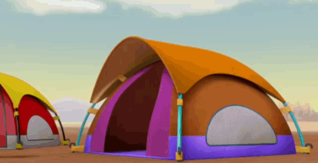 a cartoon drawing of a purple and orange tent in the desert
