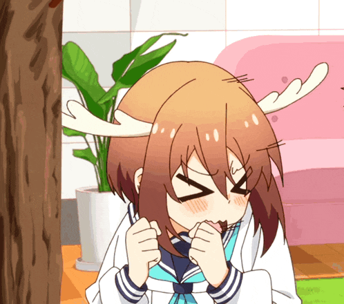 a cartoon girl with antlers on her head looks angry