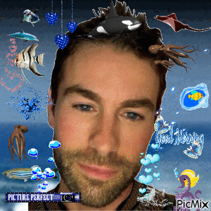 a man with a beard is surrounded by sea creatures and the words good morning