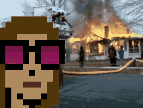 a pixel art of a woman standing in front of a burning building