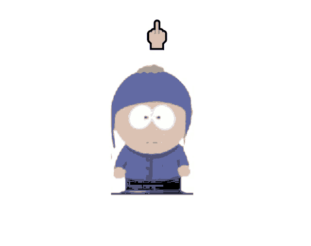 a cartoon character with a yellow middle finger on top of his head