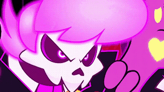 a cartoon of a skull with purple hair and a yellow heart in his hand .