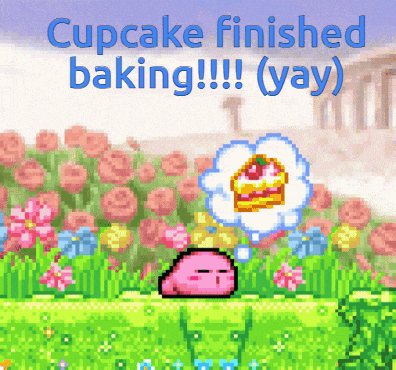 a cupcake finished baking poster with a pink character