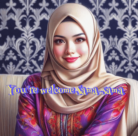 a woman wearing a hijab with the words you 're welcome sama sama on the bottom