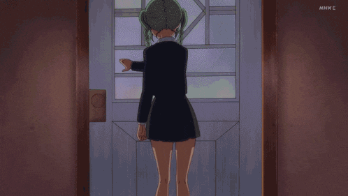 a girl with green hair is standing in front of a door that says nhk