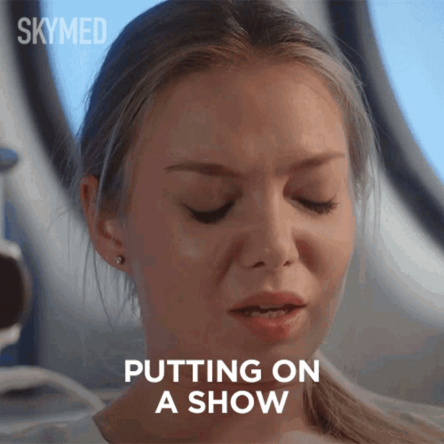 a close up of a woman with the words putting on a show below her