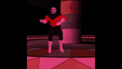 a cartoon of a man in a red and black superhero costume