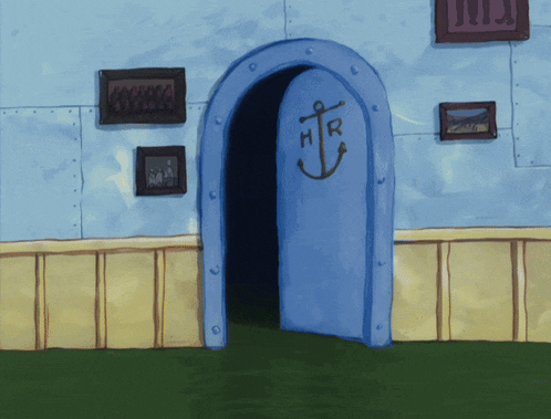 a blue door with a spongebob anchor on it