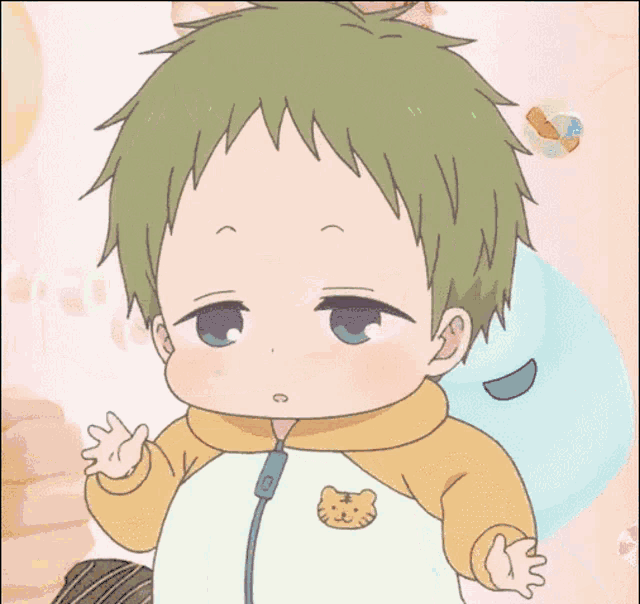 a cartoon of a baby with a cat patch on his jacket