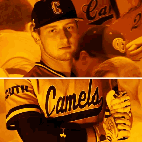 a man wearing a camels jersey holds a bat