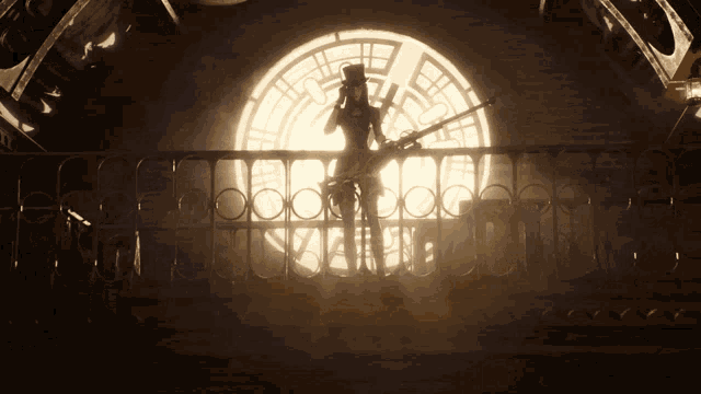 a woman in a top hat is standing on a balcony