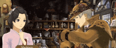 a video game character named holmes talks to a woman