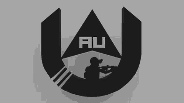 a logo for a company called au with a man holding a gun in the middle