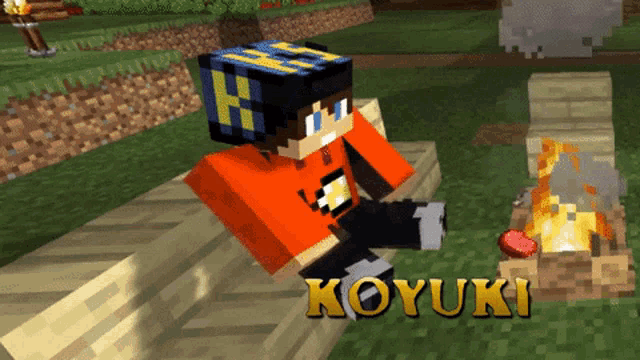 a minecraft character named koyuki sits next to a campfire