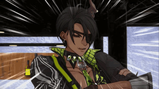a cartoon character with a green and black outfit and a necklace