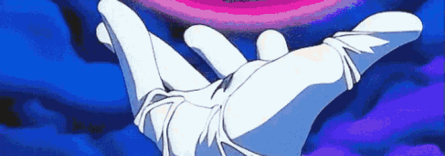 a close up of a person 's hand in a white glove holding a purple object .