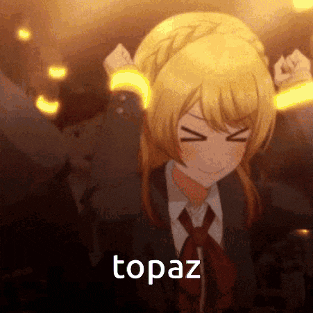 a girl in a suit and tie is dancing with the word topaz written on the bottom