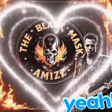 a man playing a guitar in front of a logo for the black mask amizz