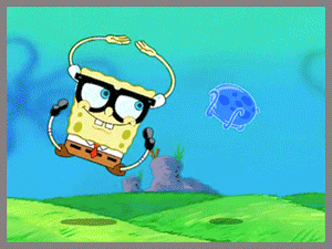 a cartoon of spongebob wearing glasses and holding a bucket