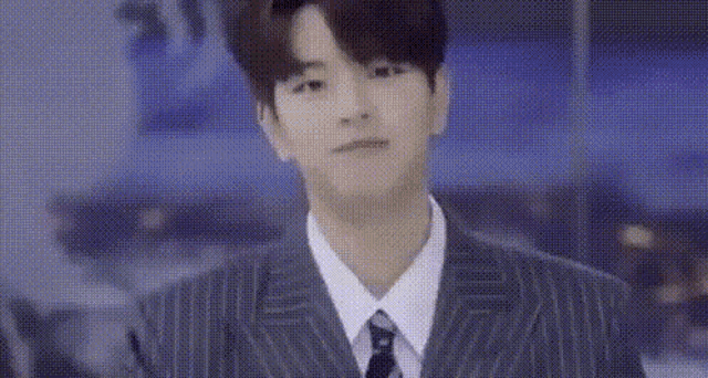 a man in a suit and tie is standing in front of a television screen .