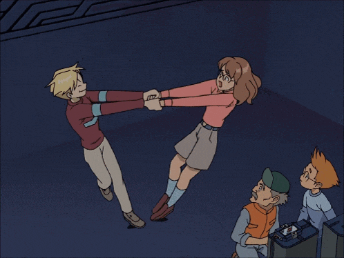 a cartoon of a man and a girl holding hands in a dark room