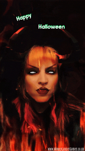 a picture of a woman with horns and the words happy halloween