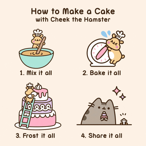 a poster showing how to make a cake with cheek the hamster and pusheen