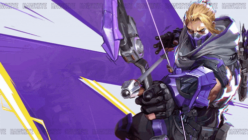 a hawkeye character holding a bow and arrow with a purple background