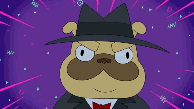 a cartoon of a dog wearing a hat with a lightning bolt in his mouth