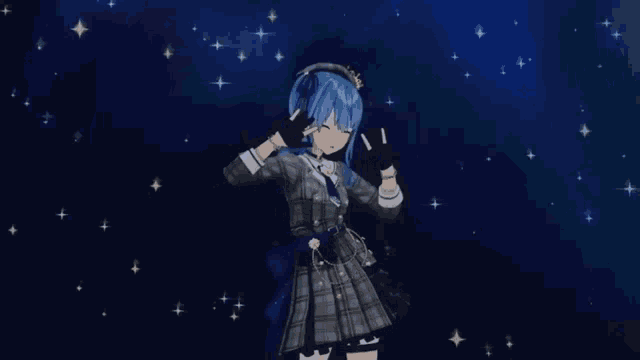 a girl with blue hair and a crown on her head is standing in front of a blue sky filled with stars .