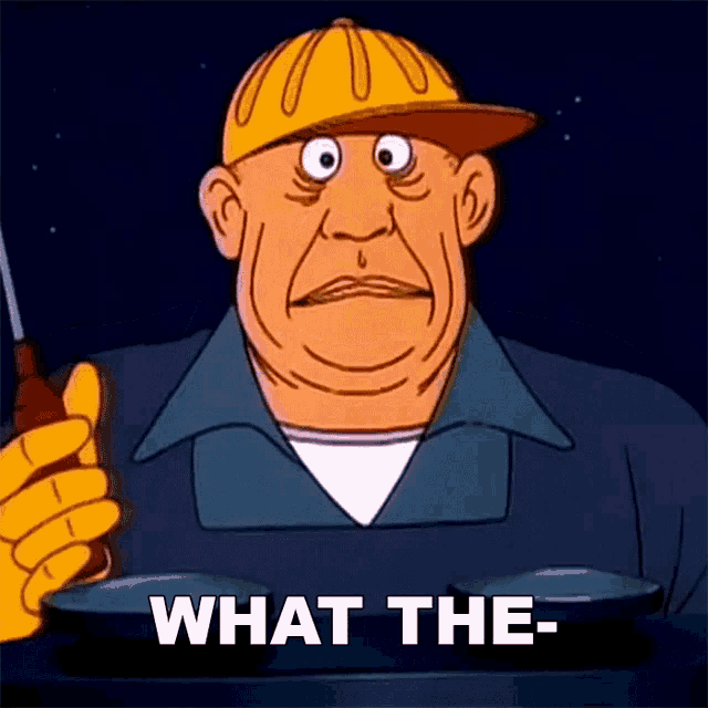 a cartoon man with a hard hat is holding a screwdriver and says what the