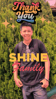 a man stands in front of a thank you shine family sign