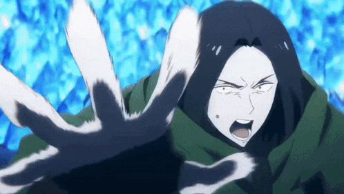 a cartoon character with long black hair is making a funny face with his hands outstretched