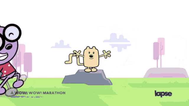 a cartoon character with glasses is standing next to another cartoon character and the words a wow wow marathon are on the bottom