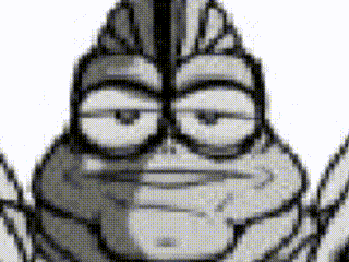 a black and white drawing of a cartoon character with glasses and a hat on .