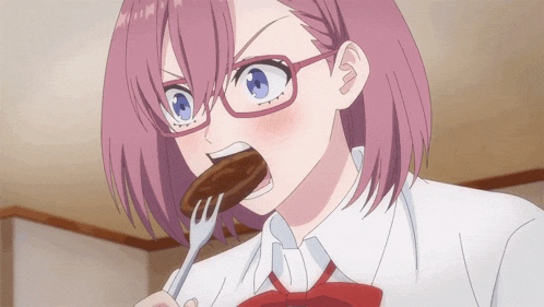 a girl with pink hair and glasses is eating a piece of meat with a fork
