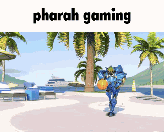 a cartoon of a robot holding a basketball and the words pharah gaming