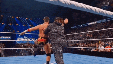 a man and a woman are wrestling in a wrestling ring with a crowd watching .
