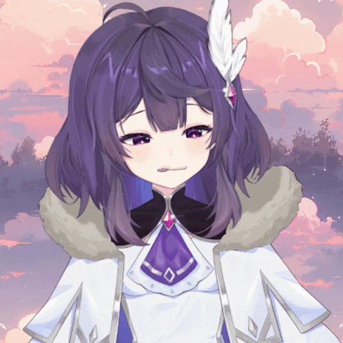 a purple haired anime girl with a white feather on her head